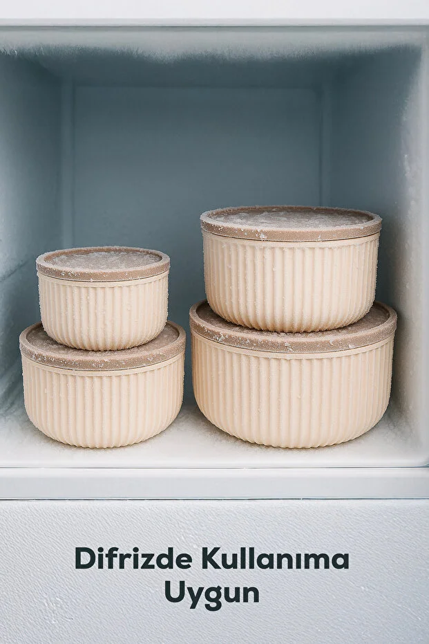 4'lü Yuvarlak Saklama Kabı Seti Çizgili Bej | 2.5l 1.5l 0.80l 0.45l | Mikrodalga Ve Dondurucu Uyumlu